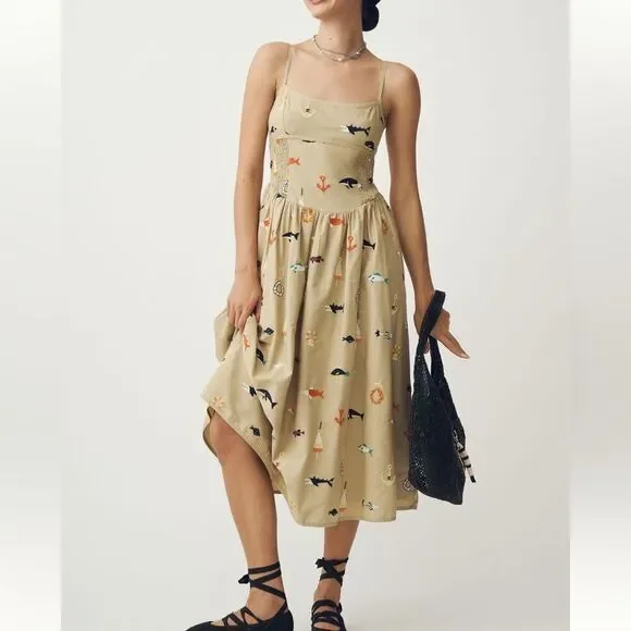 Maeve x Anthropologie Embroidered Fish MIDI Dress - Picture 1 of 9